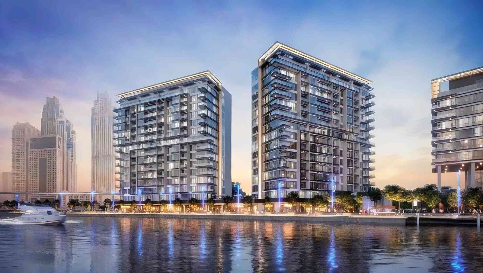 Waterfront residential building at sunset beside a marina